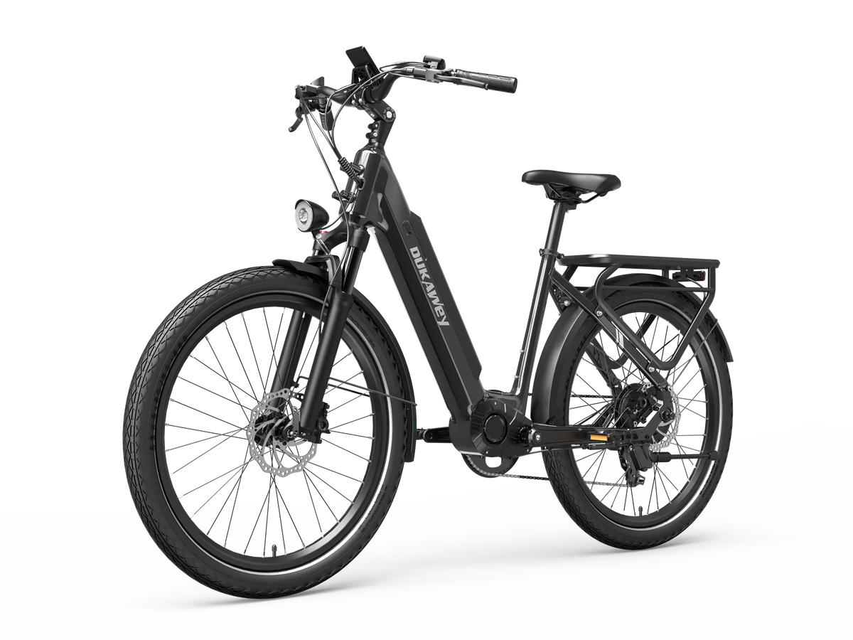 Dukawey FUGL3.0 black 26 inch trekking e-bike front three-quarter view