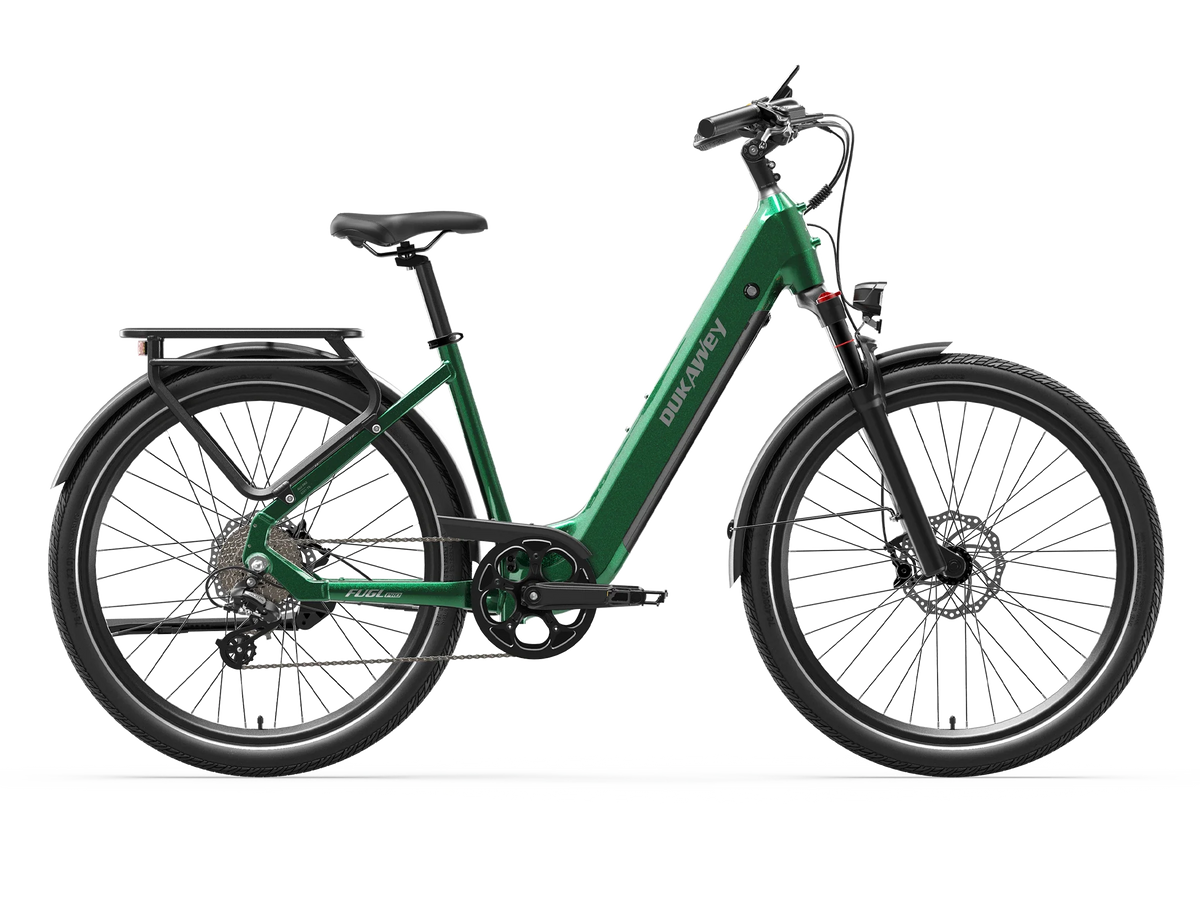 Green Dukawey FUGL Pro step-through electric bike, side view
