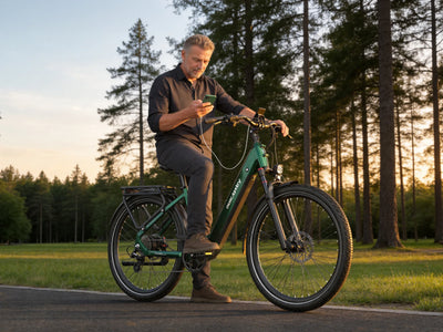 Rider checking a phone beside a green Dukawey FUGL Pro e-bike